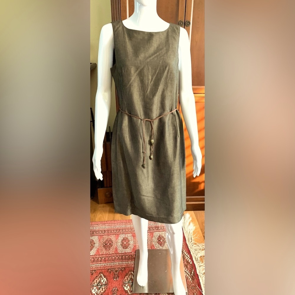 Shiny brownish Green linen straight pencil dress sleeveless long cord belt US 10